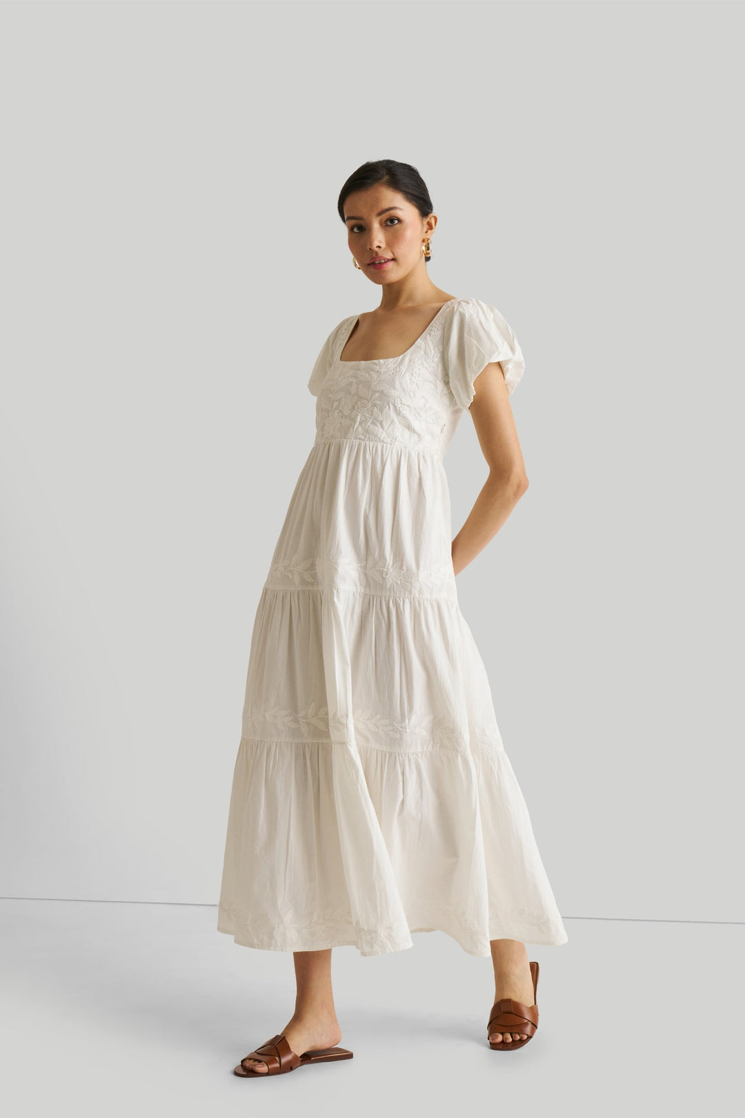 Puff Sleeve Embroidered Tiered Dress