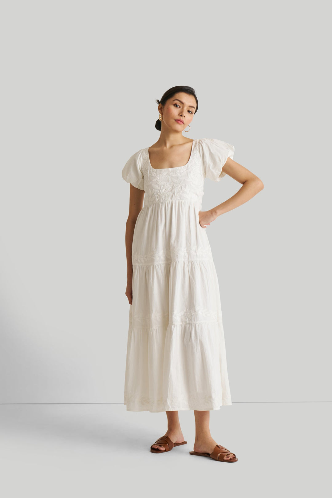 Puff Sleeve Embroidered Tiered Dress