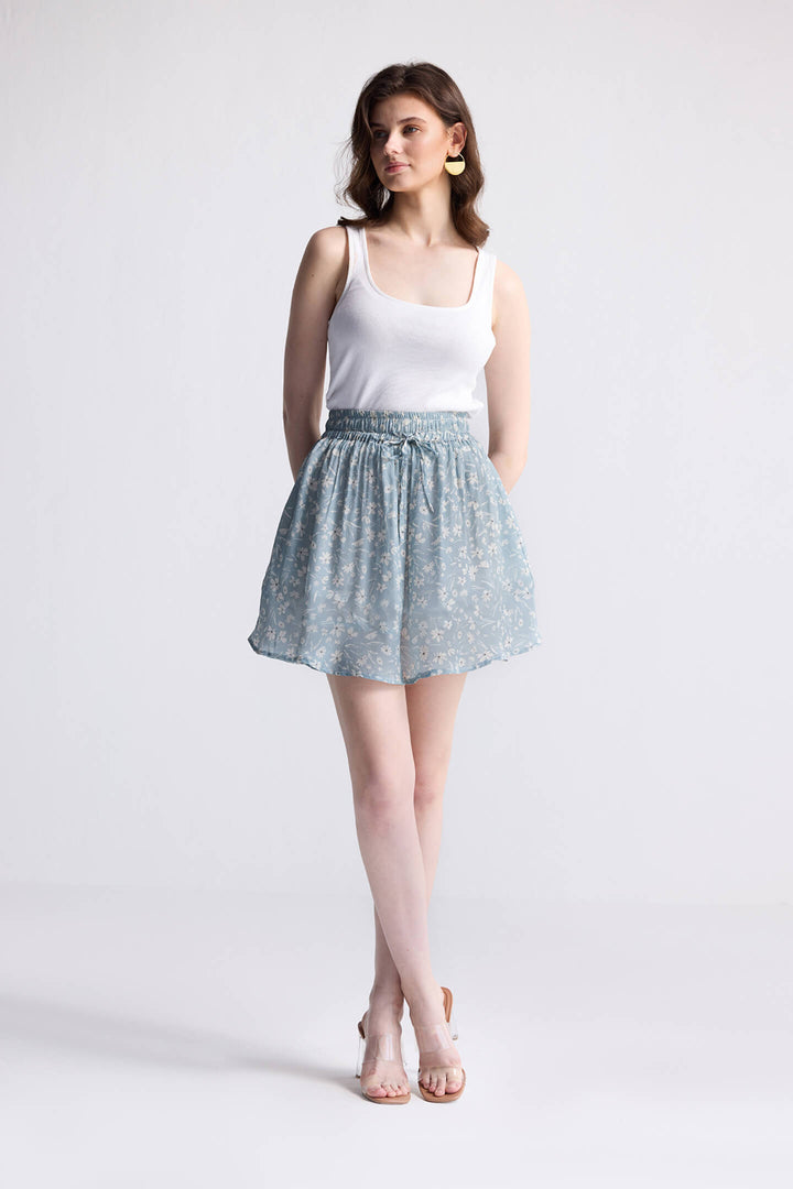 Drawstring Short Skirt in Light Blue Florals