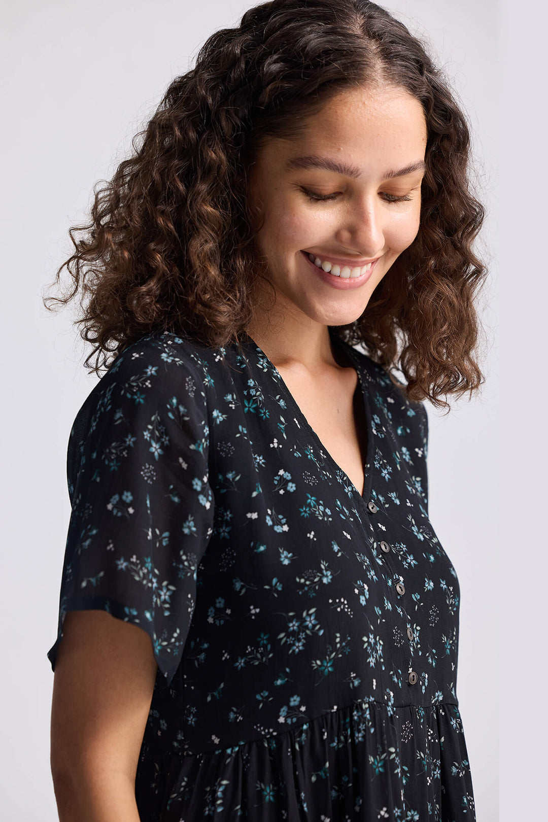 Floral Short Tiered Dress in Dark Blue