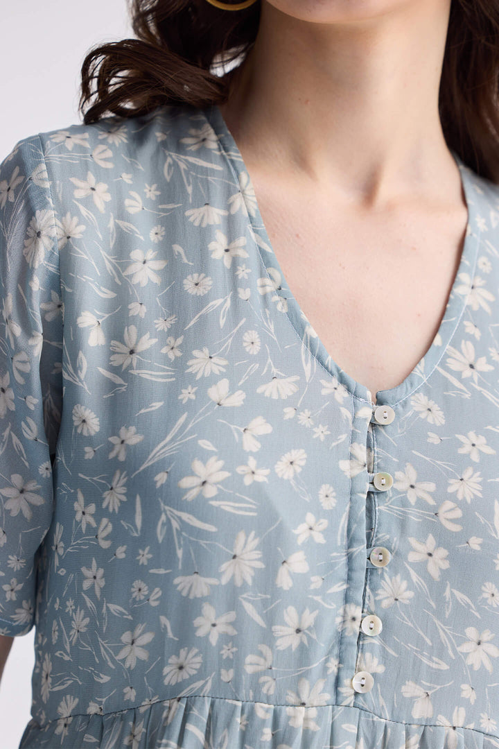 Floral Short Tiered dress in Light Blue