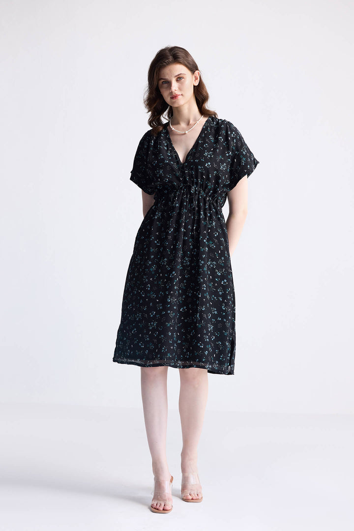 Gathered Knee-length Dress in Dark Blue Florals