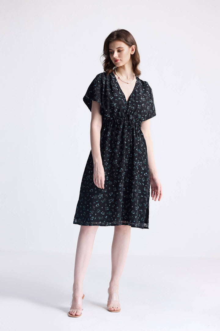 Gathered Knee-length Dress in Dark Blue Florals