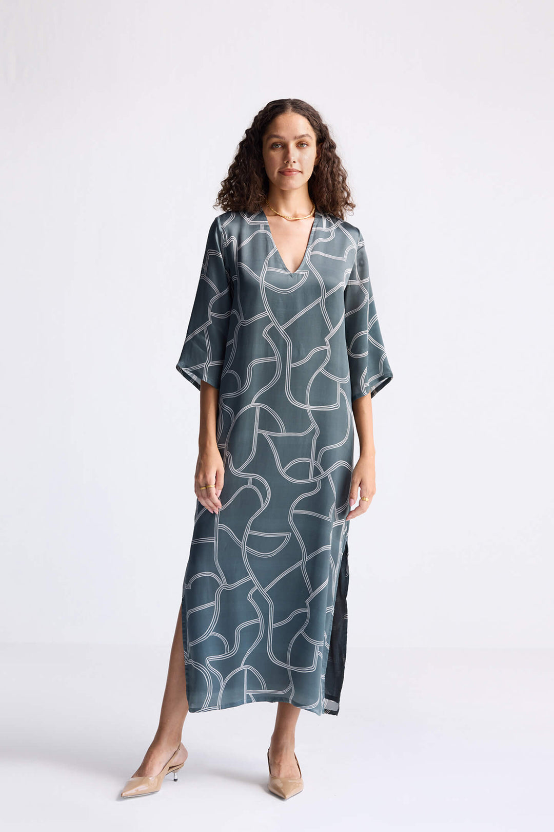 Maxi Dress with Side Slits in Abstract Stripes