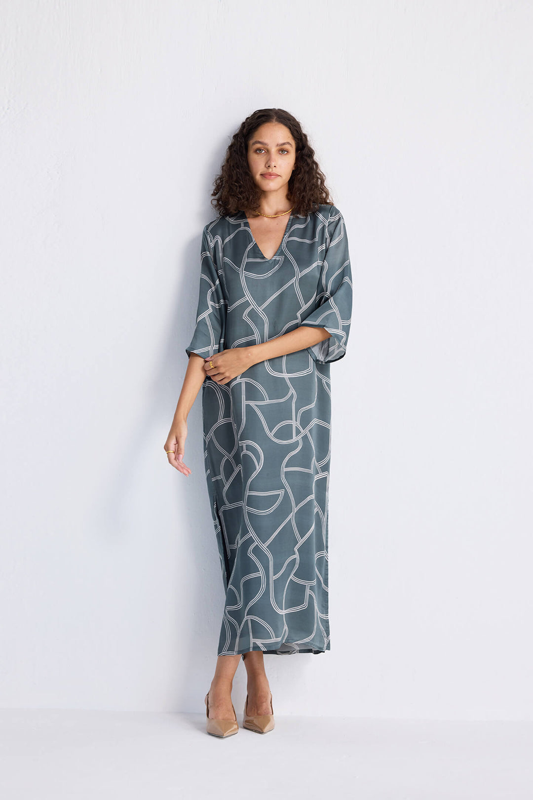 Maxi Dress with Side Slits in Abstract Stripes