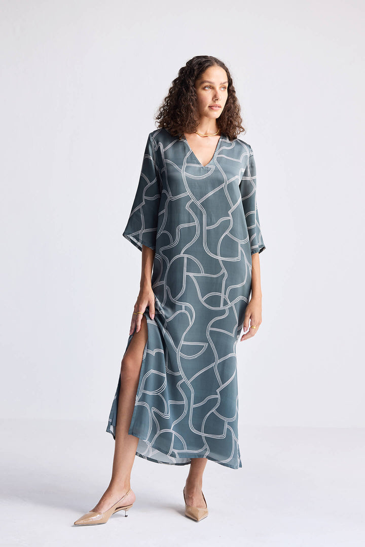 Maxi Dress with Side Slits in Abstract Stripes