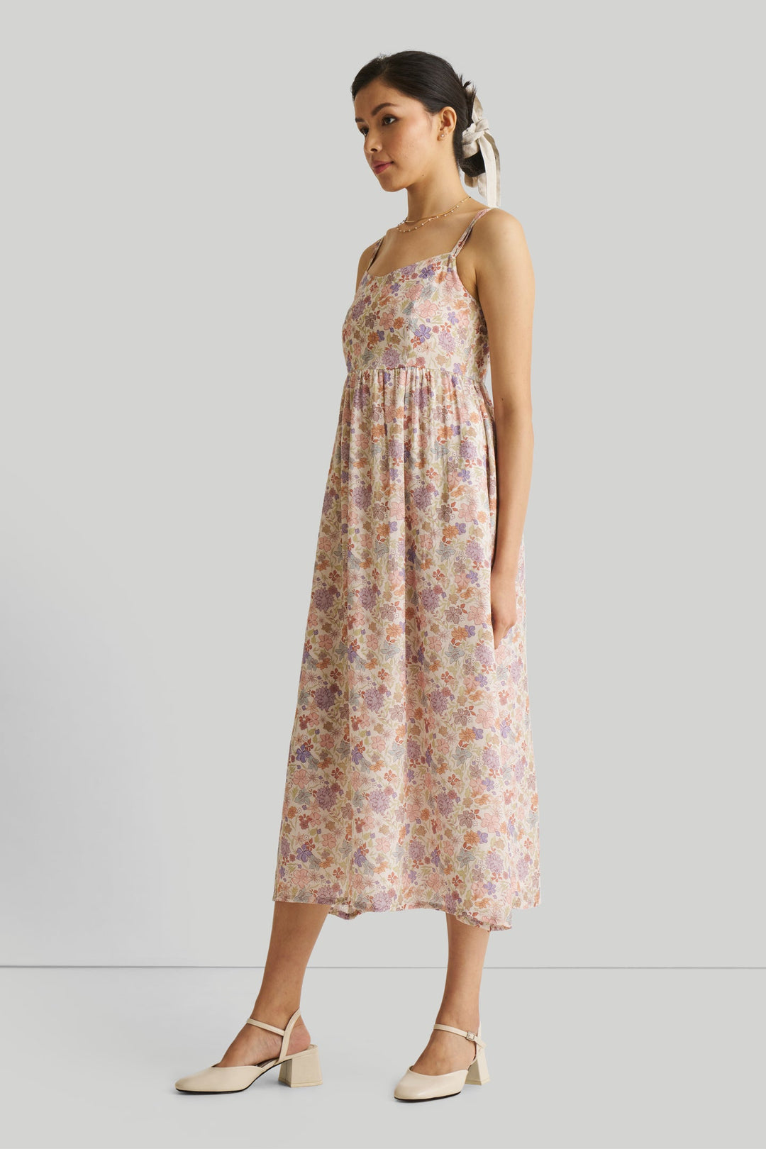 Strappy Gathered Floral Midi Dress