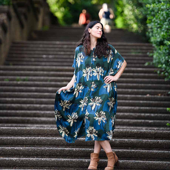 Block Print Dress | Button Down Relax Fit - White Lotus