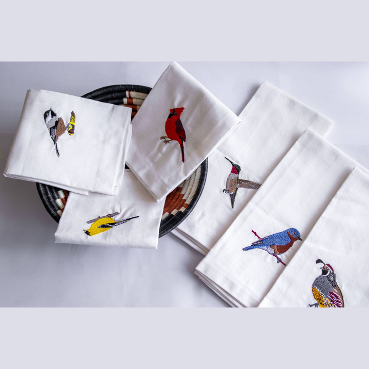 Tea Towel with Embroidered Bird