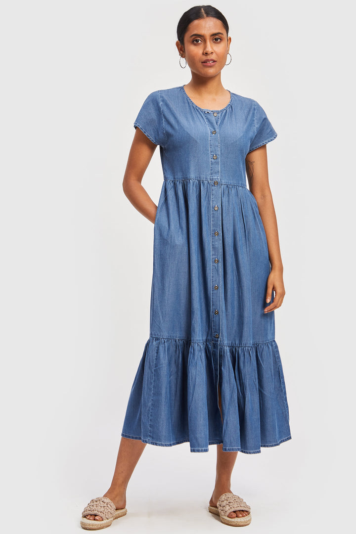 Tiered Denim Shirt Dress