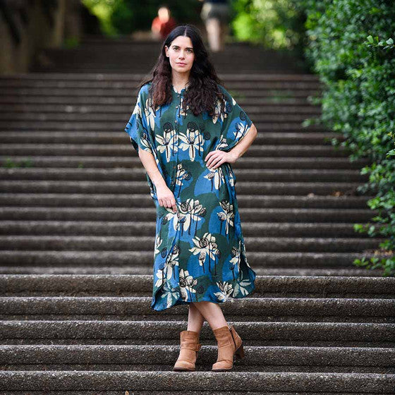 Block Print Dress | Button Down Relax Fit - White Lotus