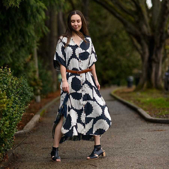 Black Block Print Luxurious Soft Long Dress - Sunset