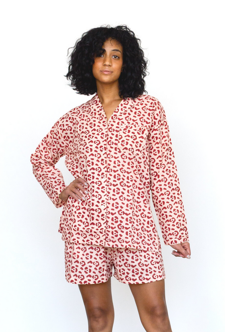 Organic Cotton Leopard PJ Set in Blush + Berry