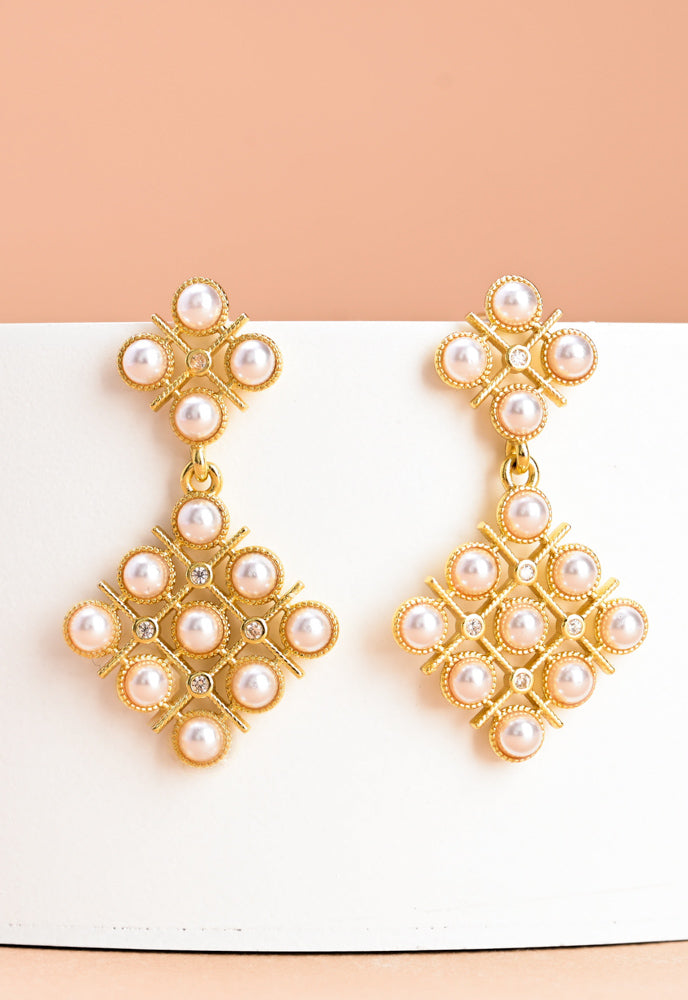 Pearl and Zircon Lattice Earrings