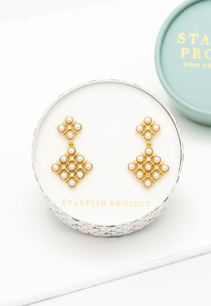 Pearl and Zircon Lattice Earrings