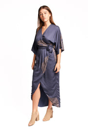 Peacock Feather Wrap Dress in Navy + Gold