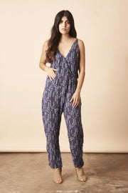 Stylized Feather Strappy Jumpsuit in Navy + Cream