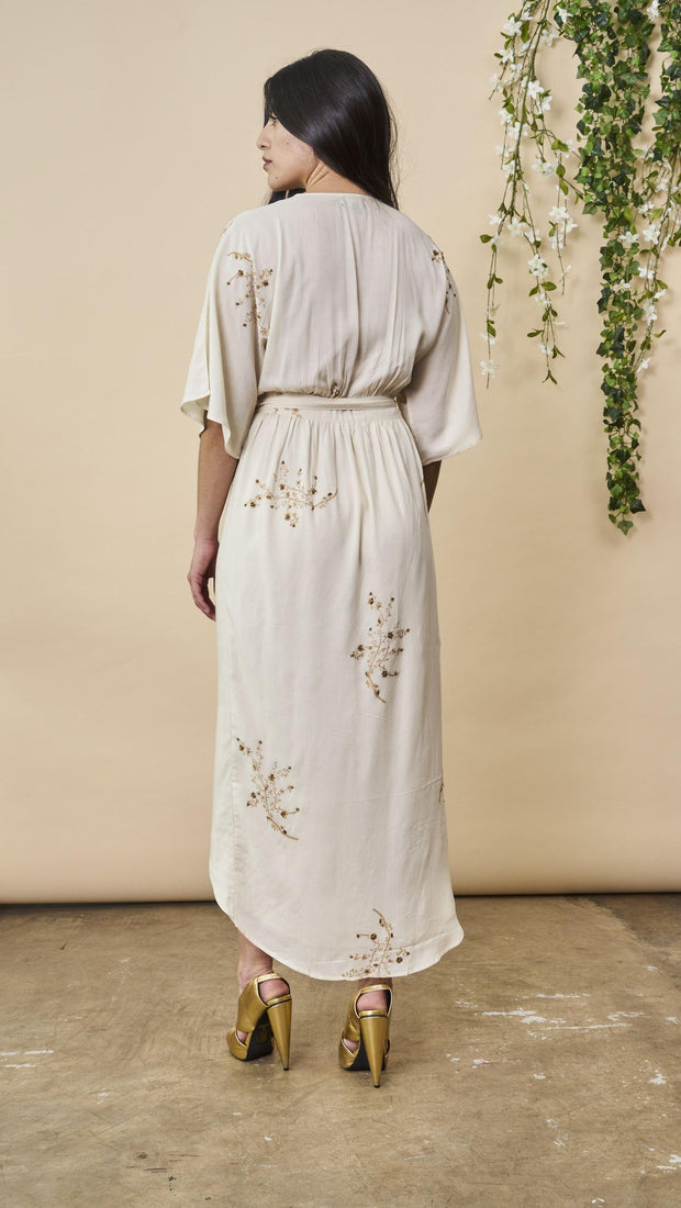 Hand Beaded Cherry Blossom Maxi Wrap in Ivory + Antique Gold