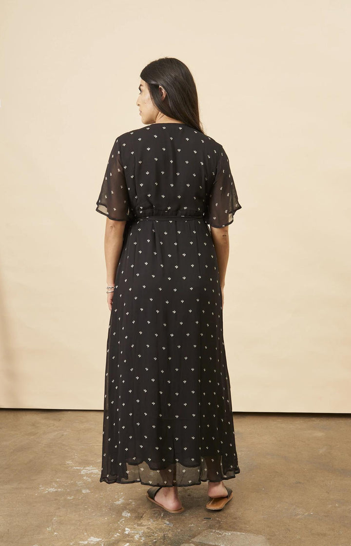 Baby Cacti Butterfly Sleeve Maxi Dress in Black + Cream