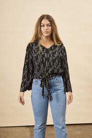 Stylized Feather Tie Knot Blouse in Black + Cream