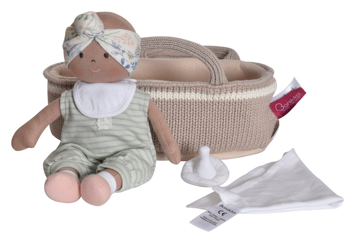 Knitted Carry Cot with Baby Dark Skin, Soother & Blanket