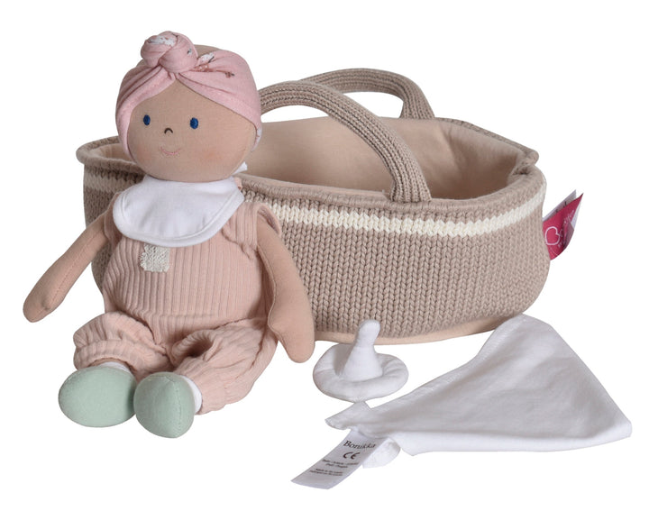 Knitted Carry Cot with Baby Light Skin, Soother & Blanket