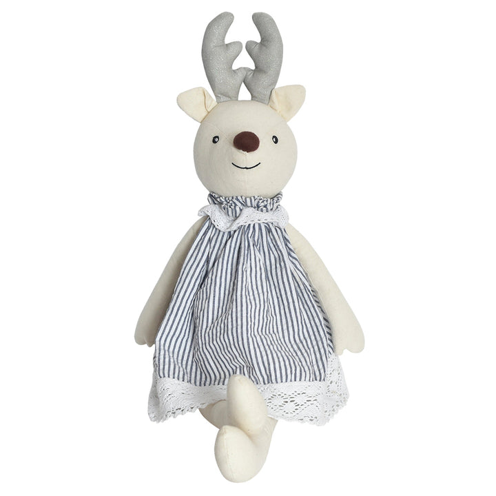 White Holiday Reindeer in Blue & White Stripe Outfit