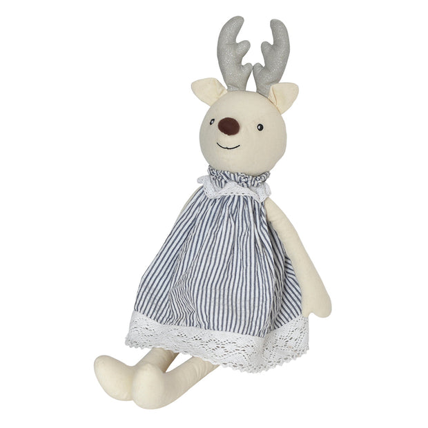 White Holiday Reindeer in Blue & White Stripe Outfit