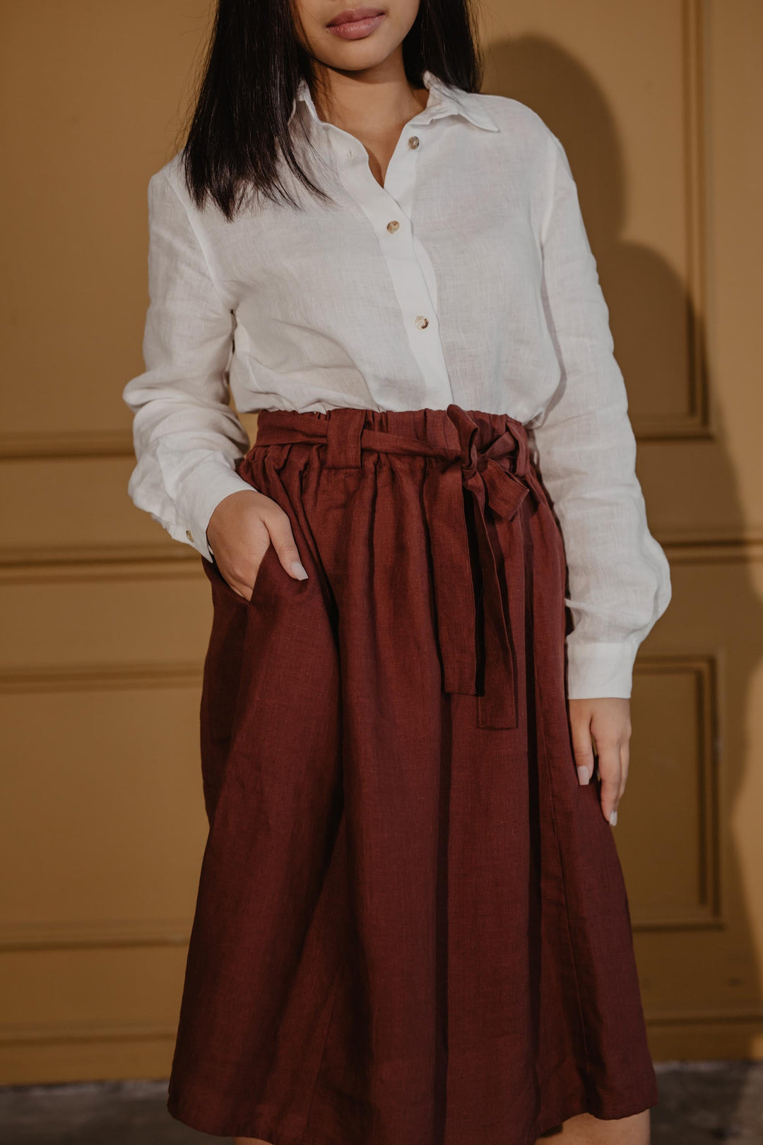 Bergen mid-length linen skirt