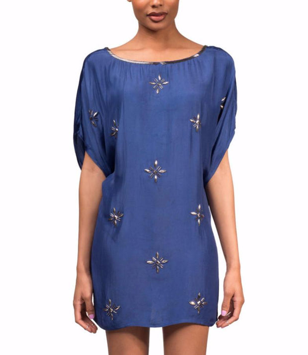 Silky Sapphire T-Shirt Minidress in Beaded Jewel Flower