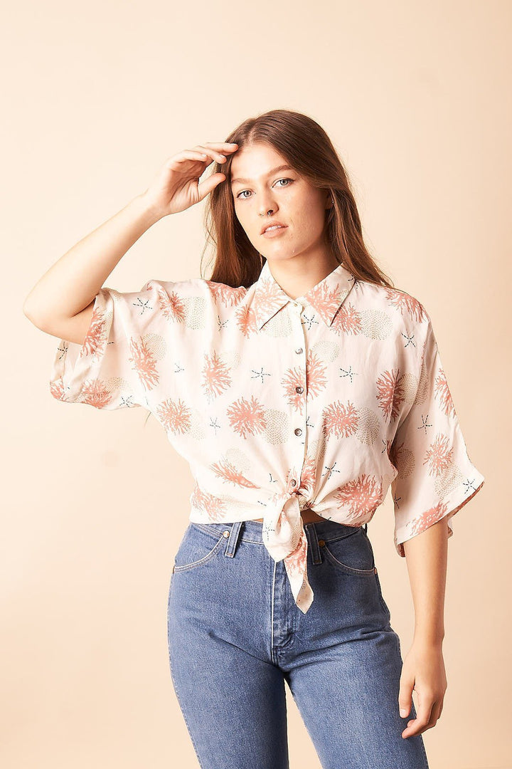 Seascape Silk Blouse in Cream + Rose