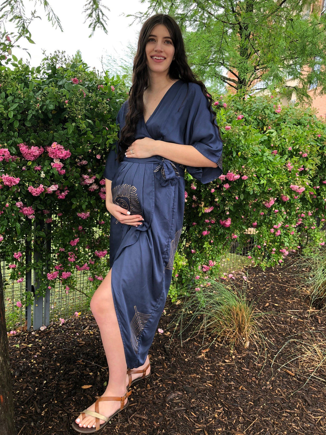 Peacock Feather Wrap Dress in Navy + Gold