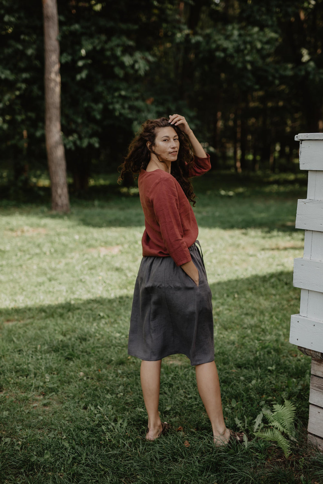 Bergen mid-length linen skirt