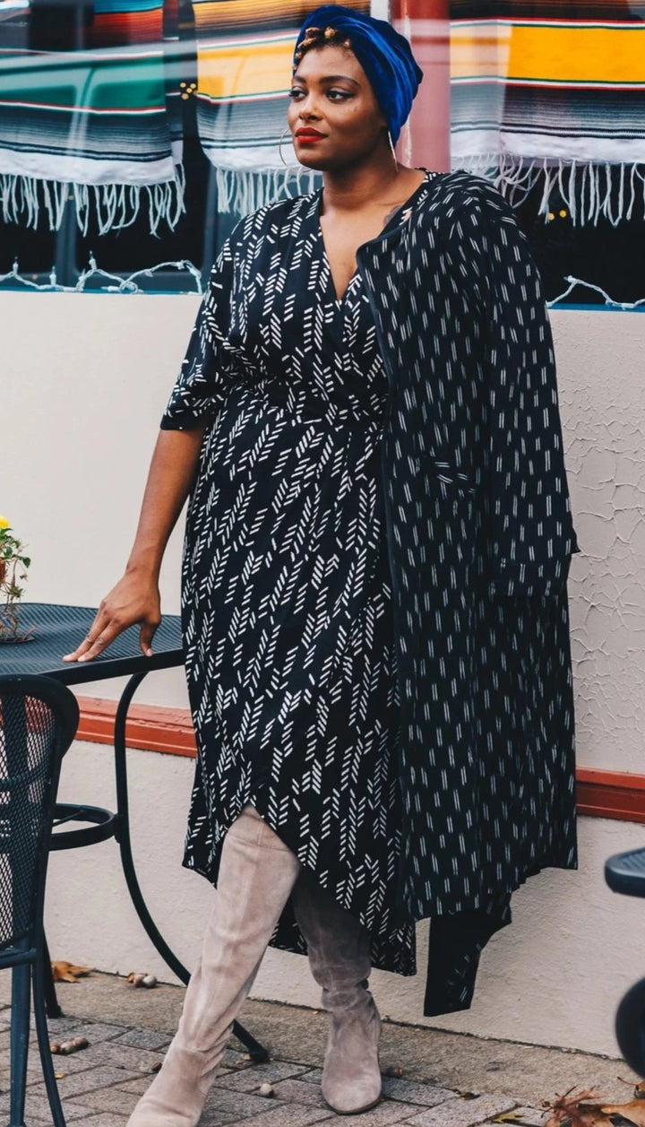 Stylized Feather Wrap Dress in Black + Cream