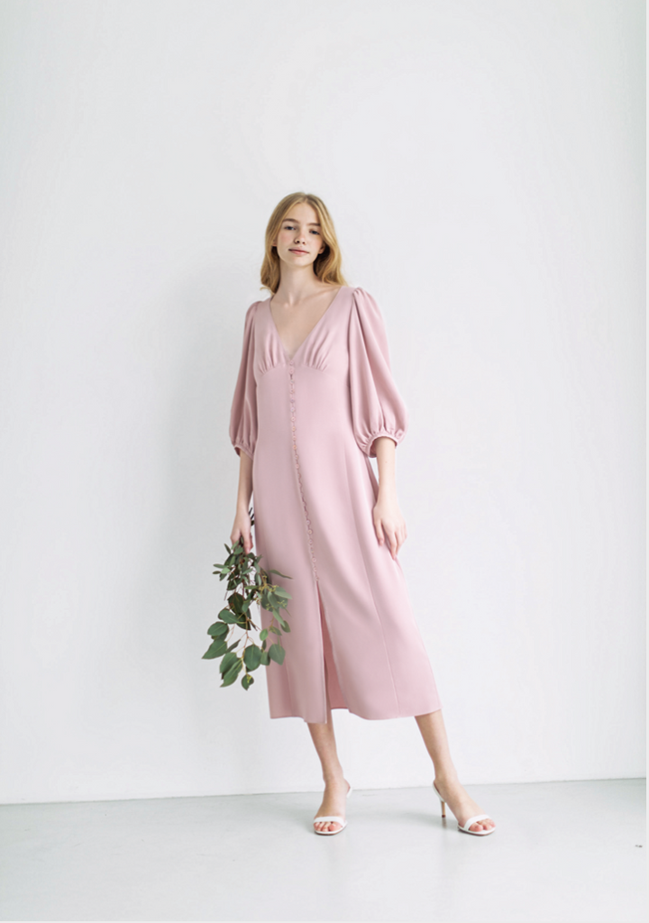 Midi eucalyptus dress with voluminous sleeves