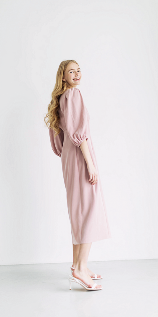 Midi eucalyptus dress with voluminous sleeves