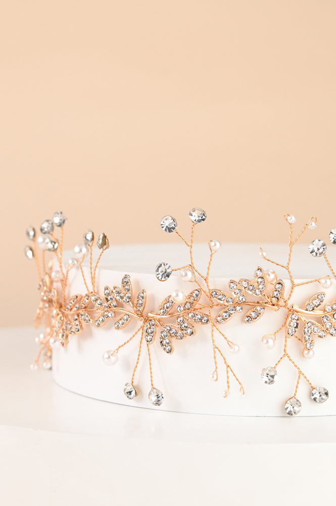 Ethereal Vine Gold Crystal and Pearl Silk Ribbon Headband