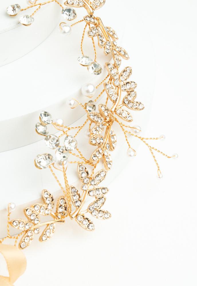 Ethereal Vine Gold Crystal and Pearl Silk Ribbon Headband