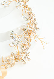 Ethereal Vine Gold Crystal and Pearl Silk Ribbon Headband