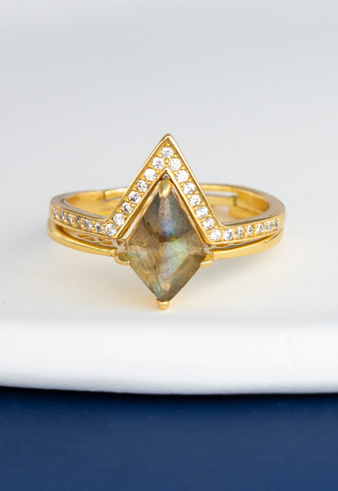 Perfectly-Paired Labradorite and Gold Ring Set