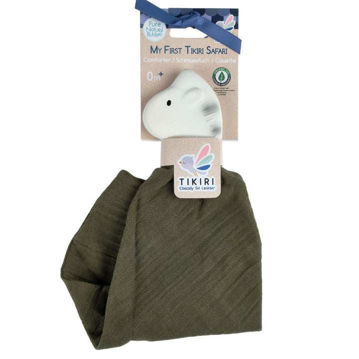 Zebra Comforter Cypress Green Muslin With Natural Rubber Teether