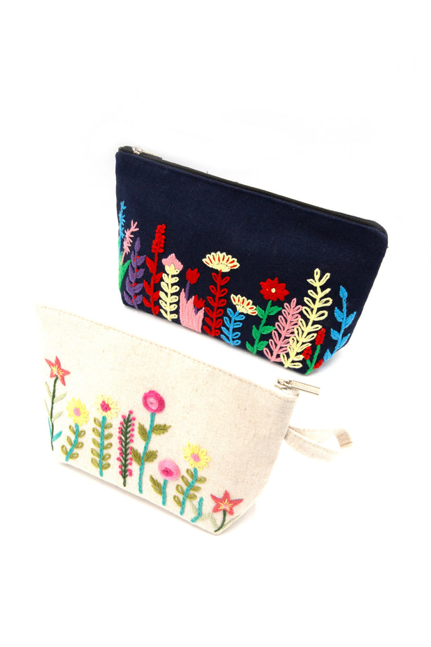 Wildflower Embroidered Cosmetic Pouch - Cream