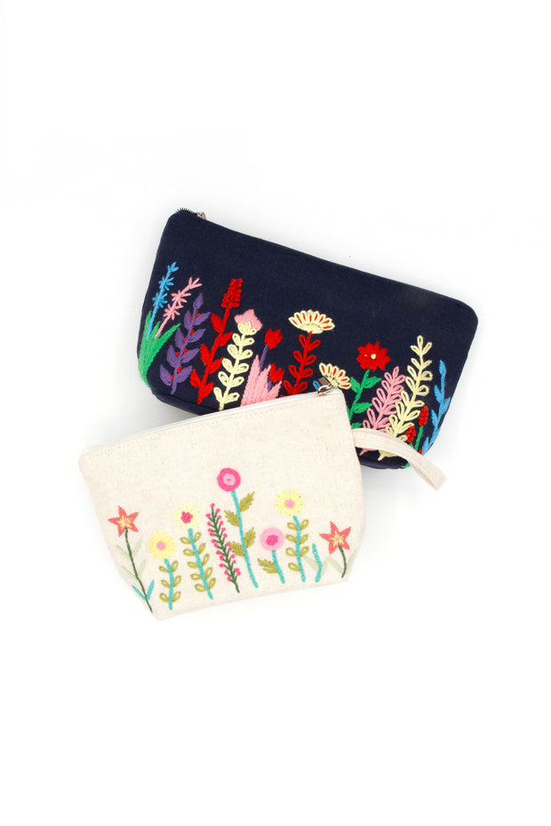 Wildflower Embroidered Cosmetic Pouch - Cream
