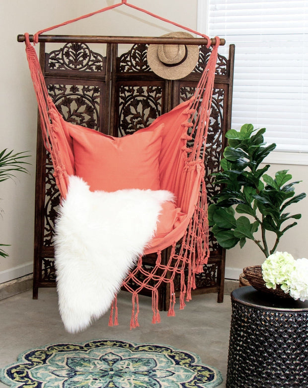 Coral Pink Macrame Hammock Chair + 2 Pillows Set