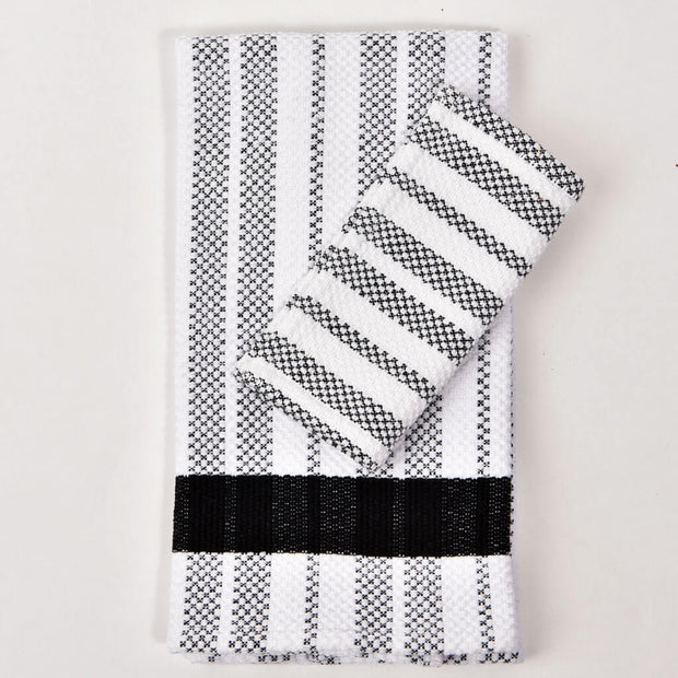 Hache Dish Towel with Dish Cloth | Black & White Stripes with Black Border