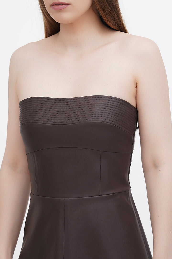 Organic vegan leather strapless dress