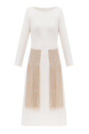 Organic dress with hand knitted pockets and fringing