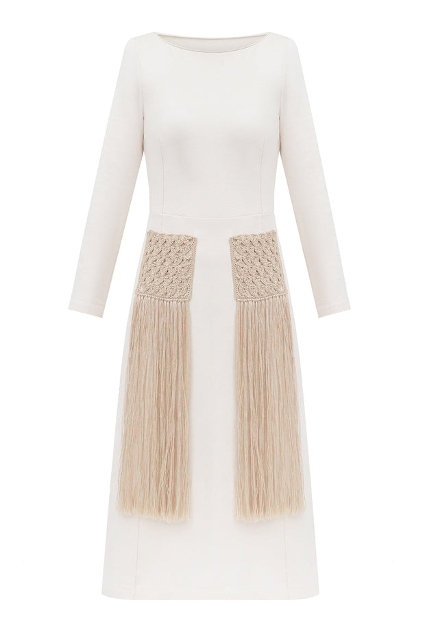 Organic dress with hand knitted pockets and fringing
