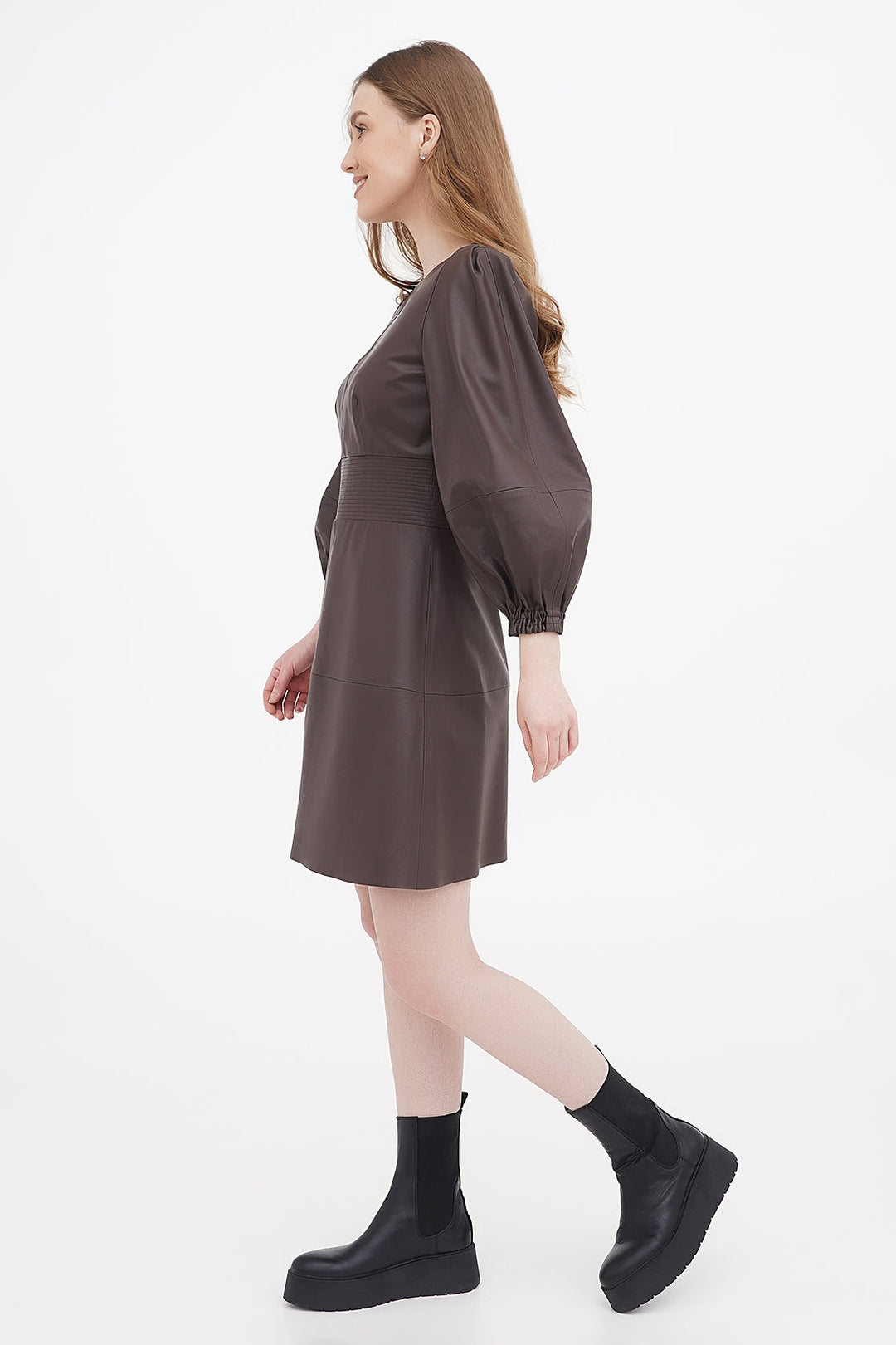 Long sleeve organic vegan leather dress