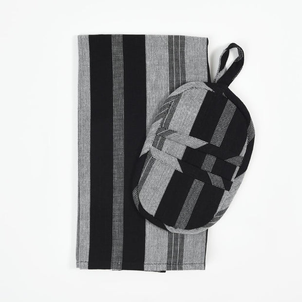 Dish Towel & Pot Holder Gift Set | Black & Gray Stripes